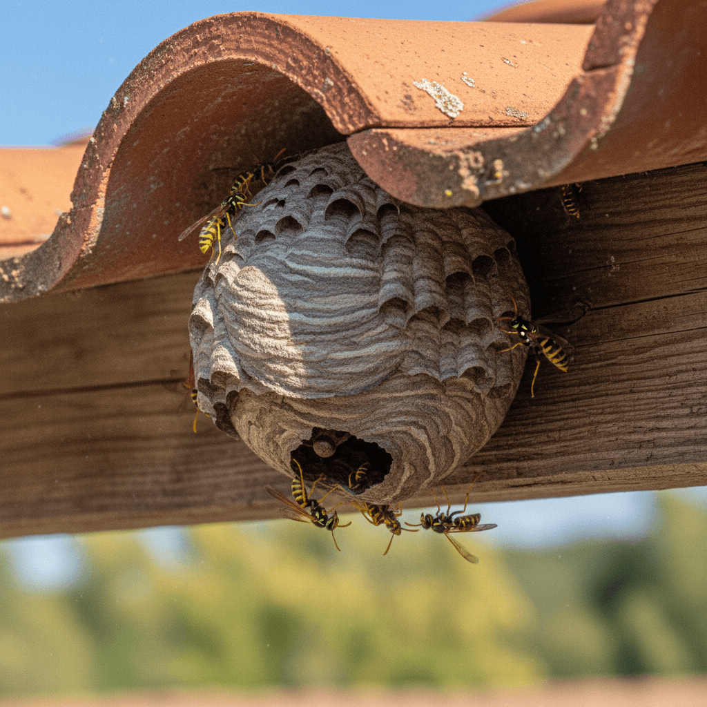 Wespennest unter Dachziegeln