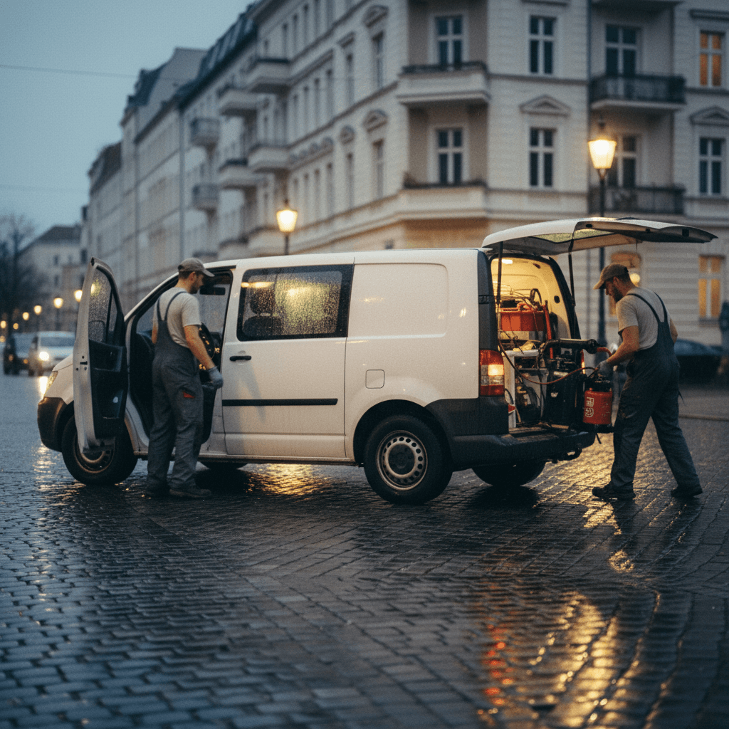 Einsatzfahrzeug in Berlin bei Dämmerung